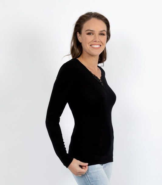 Pure Merino Wool 200gsm L/Slve with Lace Motif Insert - Ivory/Black