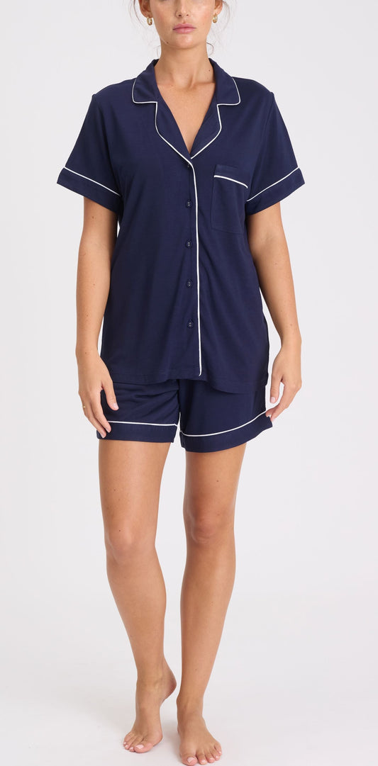 Morning Honey Jersey Piped PJ Set - Navy