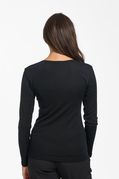 Pure Merino Wool 200gsm Long Sleeve  - Black/Ivory