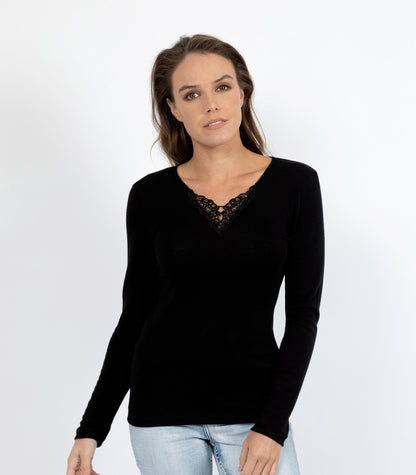 Pure Merino Wool 200gsm L/Slve with Lace Motif Insert - Ivory/Black