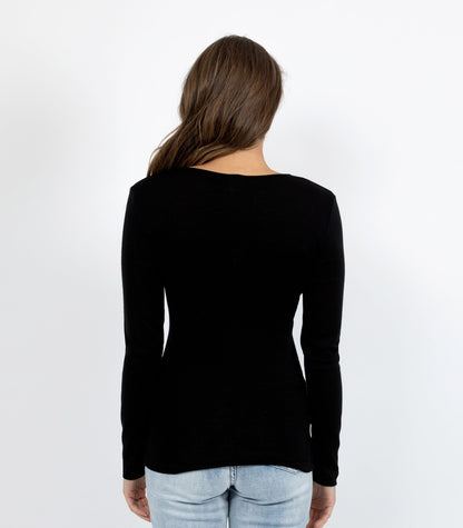 Pure Merino Wool 200gsm L/Slve with Lace Motif Insert - Ivory/Black