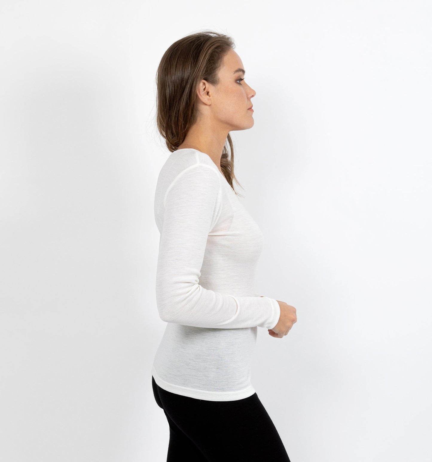Pure Merino Wool 200gsm L/Slve with Lace Motif Insert - Ivory/Black