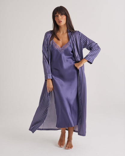 New Silk Long Robe Blue Manor Stripe
