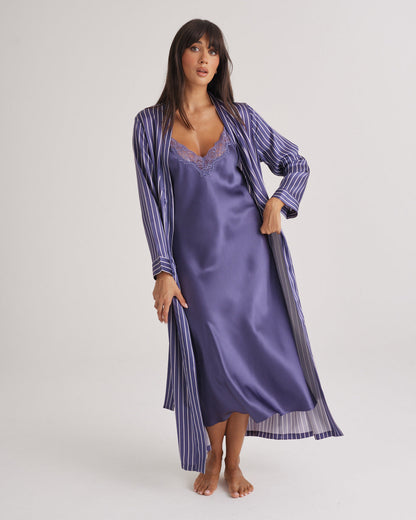 New Silk Long Robe Blue Manor Stripe