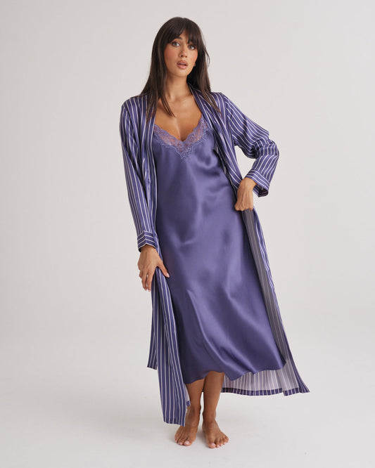 New Silk Long Robe Blue Manor Stripe