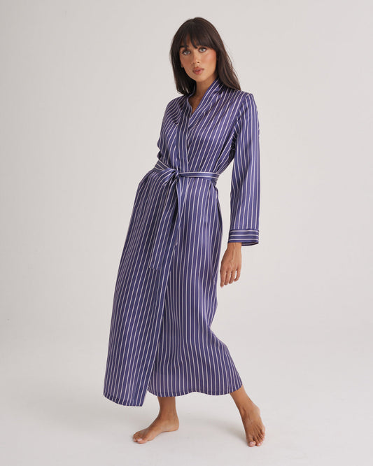 New Silk Long Robe Blue Manor Stripe