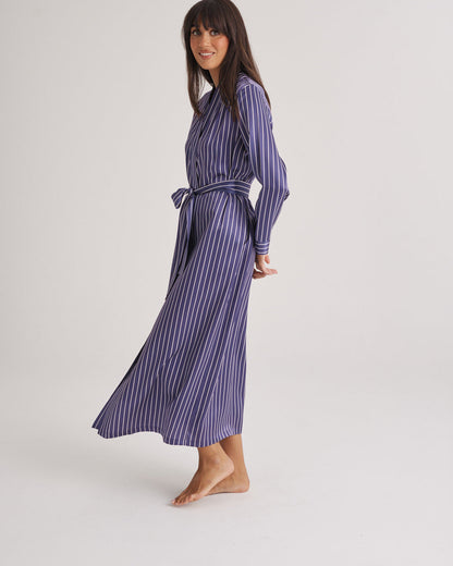 New Silk Long Robe Blue Manor Stripe