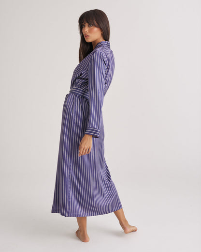 New Silk Long Robe Blue Manor Stripe