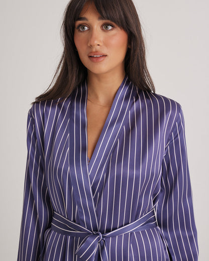 New Silk Long Robe Blue Manor Stripe