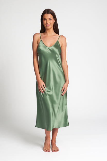 Silk Chemise 3/4 Long Nightdress Basil