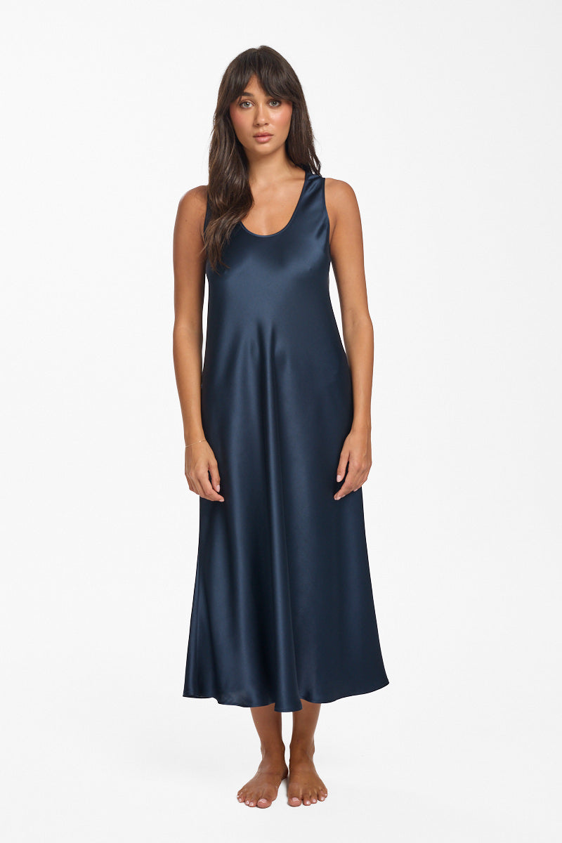 Mono Silk Long Nightdress Navy