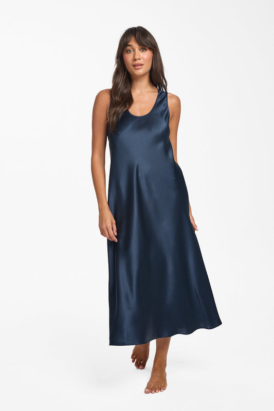 Mono Silk Long Nightdress Navy