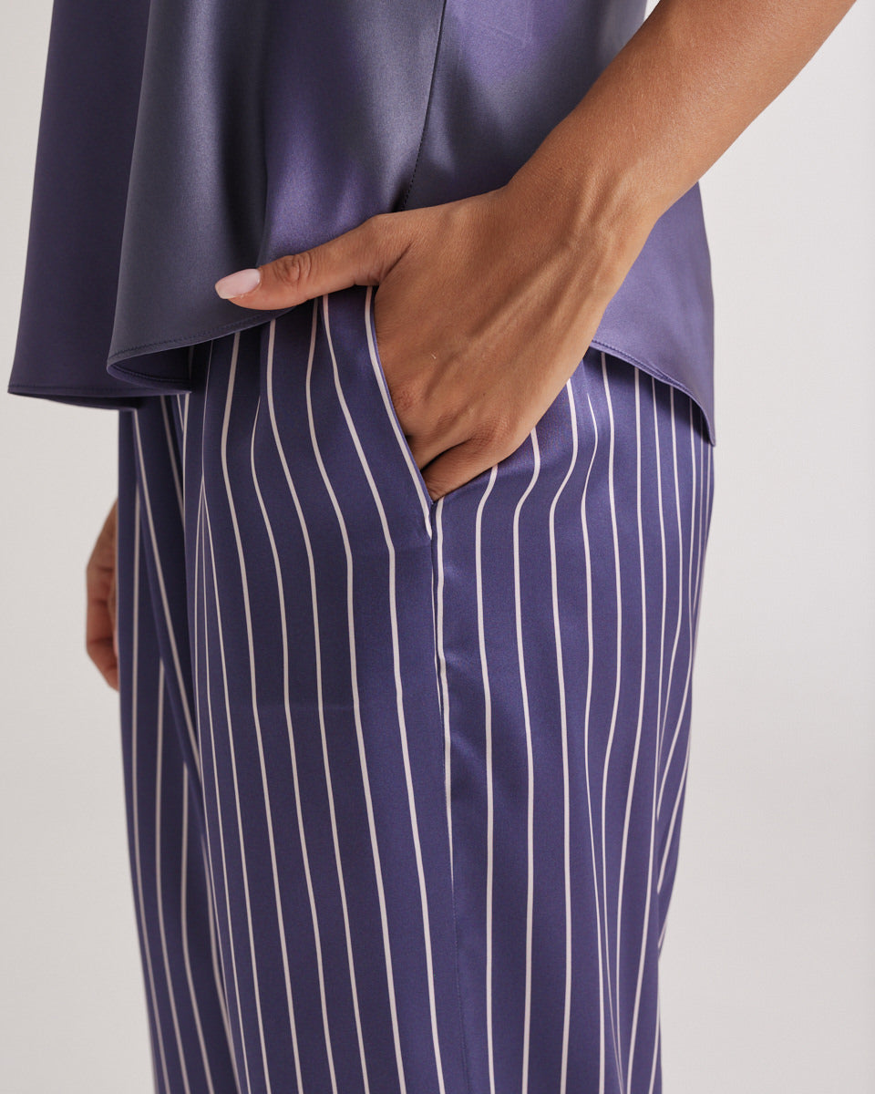New Silk Pants Wide Leg Blue Manor Stripe