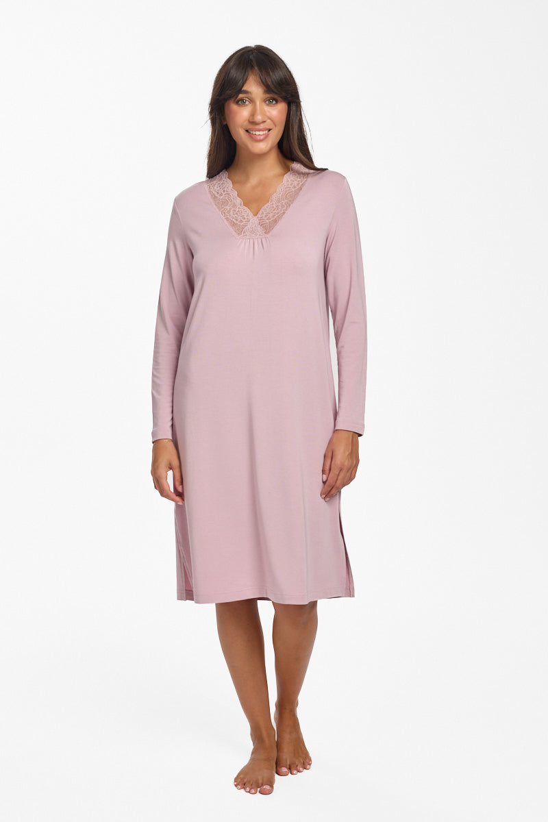 Modal & Lace L/S Nightie Crystal