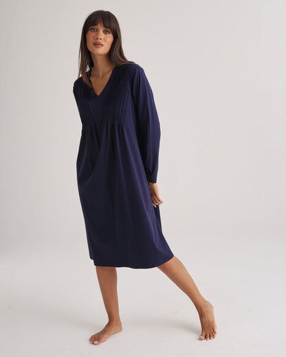 Supima Cotton Long Sleeve Pintuck Nightie Midnight