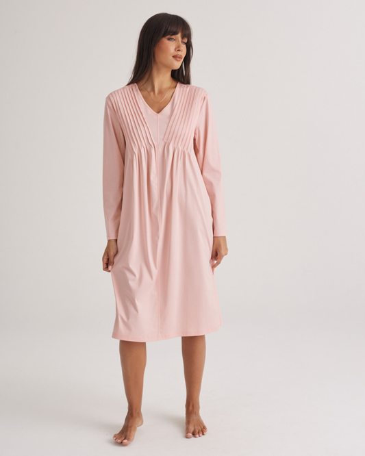 Supima Cotton Long Sleeve Pintuck Nightie Rosewater